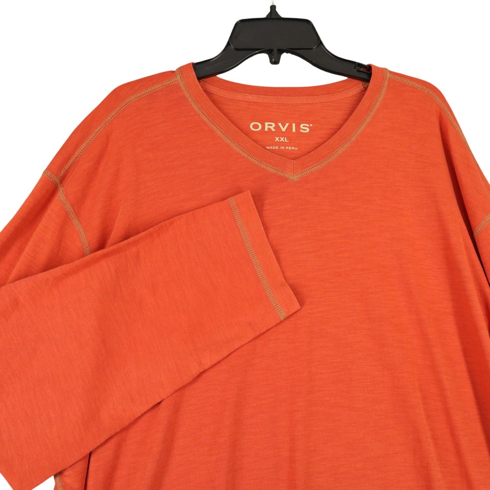 Orvis V-Neck‎ Long Sleeve T-Shirt Mens XXL Orange Contrast Stitch Casual Outdoor